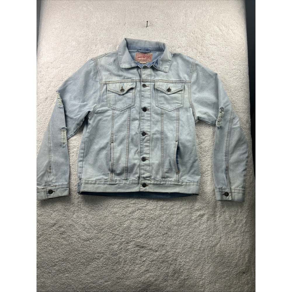 Brooklyn Cloth Distressed Denim Jean Jacket Men's Size L light wash Moto Vintage